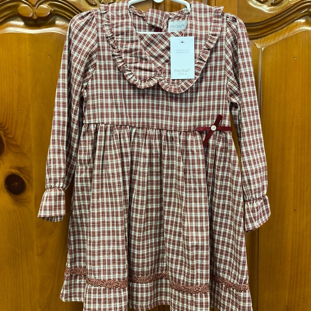 Philona Girls' Burgundy Plaid Long-Sleeve Dress with Ruffle Collar